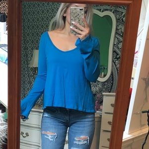 Blue Mini-bell sleeve open criss cross back shirt